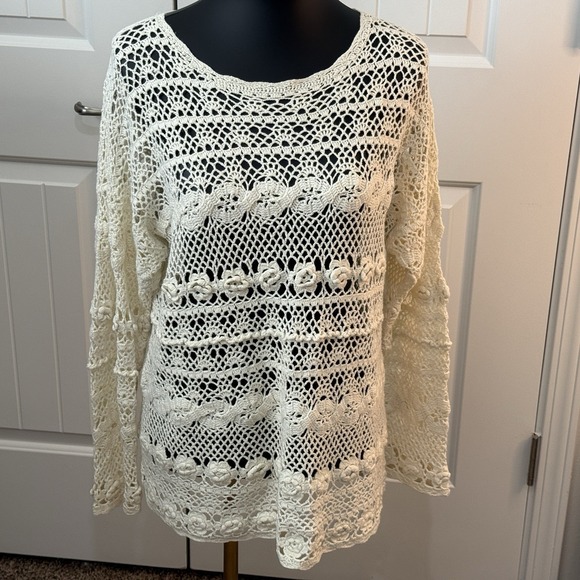 Tops - Crochet Lace Scoop Neck Short Sleeve Layering Top Natural Cream Sz‎ Medium